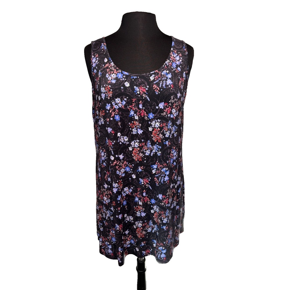 Floaral Bamboo Long Tank Blue Sky Clothing Co Size L Black Multi Fair Trade NWT‎